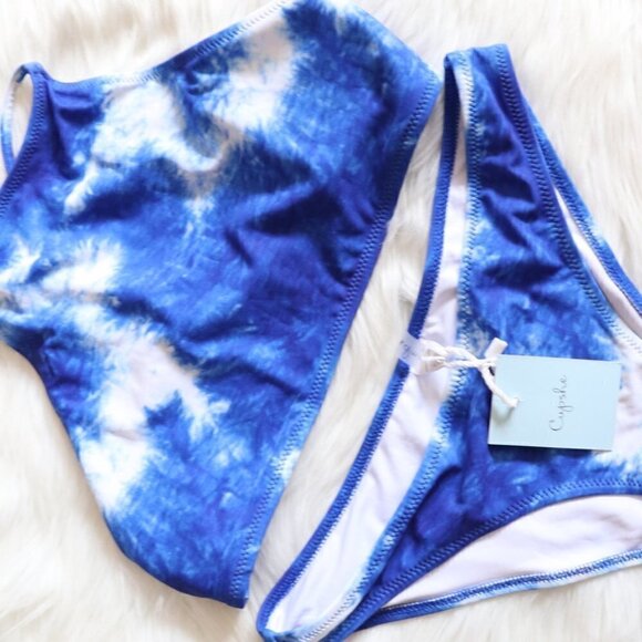 NEW Blue Tie Dye Halter Top Bikini Bathing Suit Set Size Small Beach Pool - Picture 2 of 7